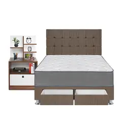 FORLI - Dormitorio Con Cajones Polaris Marrón Hiromi 2 Plz + 1 Velador Repisa + 2 Almohadas
