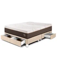 PARAISO - Cama Con Cajones Royal Abrazzo Queen Champagne + 2 Almohadas Viscoélasticas + Protector