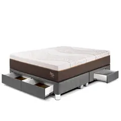 PARAISO - Cama Con Cajones Royal Abrazzo Queen Gris + 2 Almohadas Viscoélasticas + Protector