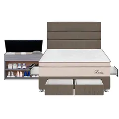 FORLI - Dormitorio Con Cajones Luce Pocket Queen Marrón + Zapatera + 2 Almohadas + Protector