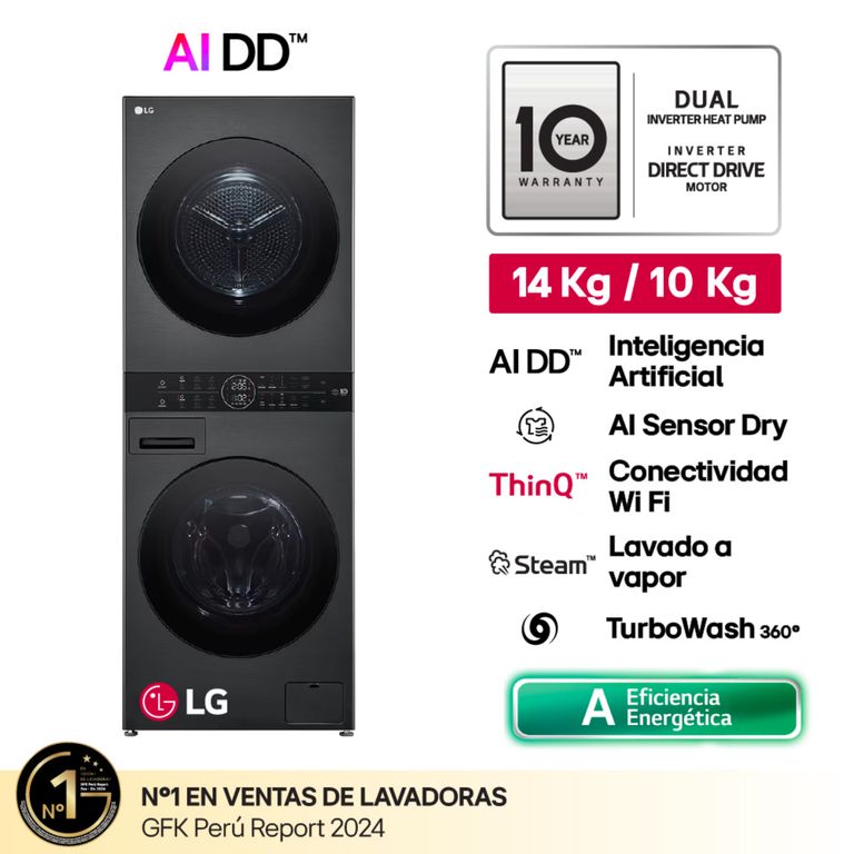 Centro De Lavado WK14BS6R 14/10 Kg AI DD Carga Frontal Negro Plateado