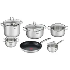 T-FAL - Juego de Ollas 11 Piezas Acero Inoxidable Duetto