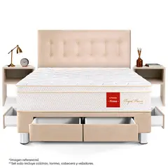 PARAISO - Dormitorio Royal Prince Firme Con Cajones Queen Champagne + 2 Velador Repisa + 2 Almohadas Viscoelásticas + Protector