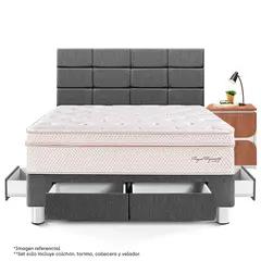 PARAISO - Dormitorio Con Cajones Royal Dynasty Blocks 2 Plz + 1 Velador Moon + 2 Almohadas Viscoelásticas + Protector