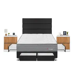 FORLI - Dormitorio Con Cajones Pocket 2 Plz Gris + Velador Roma+ 2 Almohadas + Protector