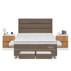 FORLI - Dormitorio Con Cajones Boreal Queen Marrón + Velador Roma+ 2 Almohadas + Protector