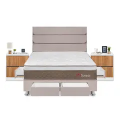 FORLI - Dormitorio Con Cajones Boreal Queen Beige + Velador Roma+ 2 Almohadas + Protector
