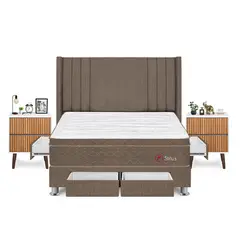 FORLI - Dormitorio Con Cajones Sirius Queen Marrón + Velador Milan+ 2 Almohadas + Protector