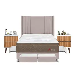 FORLI - Dormitorio Con Cajones Sirius 2plz Beige + Velador Milan+ 2 Almohadas + Protector