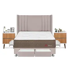 FORLI - Dormitorio Con Cajones Sirius King Beige + Velador Milan+ 2 Almohadas + Protector