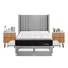 FORLI - Dormitorio Con Cajones Golden 2plz Plata + Velador Milan+ 2 Almohadas + Protector
