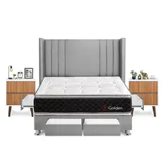 FORLI - Dormitorio Con Cajones Golden King Plata + 2 Veladores Milan + 2 Almohadas + Protector