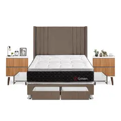 FORLI - Dormitorio Con Cajones Golden 2plz Marrón+ Velador Milan+ 2 Almohadas + Protector