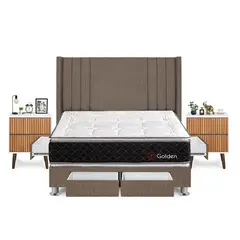 FORLI - Dormitorio Con Cajones Golden King Marrón + Velador Milan+ 2 Almohadas + Protector