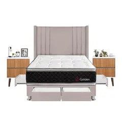 FORLI - Dormitorio Con Cajones Golden 2plz Beige + Velador Milan+ 2 Almohadas + Protector