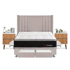 FORLI - Dormitorio Con Cajones Golden King Beige + Velador Milan+ 2 Almohadas + Protector