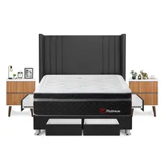 FORLI - Dormitorio Con Cajones Platinium King Gris + Velador Milan+ 2 Almohadas + Protector