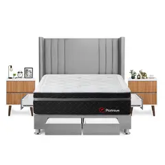 FORLI - Dormitorio Con Cajones Platinium Queen Plata + 2 Veladores Milan + 2 Almohadas + Protector