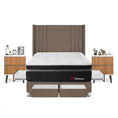 FORLI - Dormitorio Con Cajones Platinium 2plz Marrón + Velador Milan+ 2 Almohadas + Protector