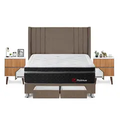 FORLI - Dormitorio Con Cajones Platinium King Marrón + Velador Milan+ 2 Almohadas + Protector