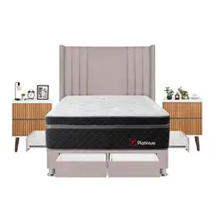 FORLI - Dormitorio Con Cajones Platinium 2plz Beige + Velador Milan+ 2 Almohadas + Protector