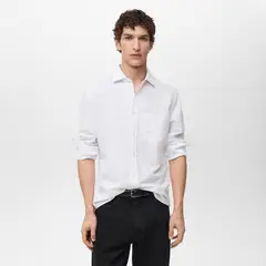 MANGO - Camisa Lino Bolsillo Man