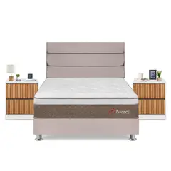 FORLI - Dormitorio Boreal Queen Beige + 2 Veladores Roma + 2 Almohadas + Protector