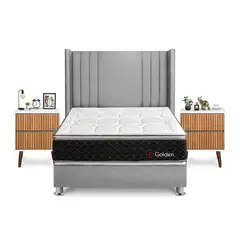 FORLI - Dormitorio Golden 2plz Plata + 2 Veladores Milan + 2 Almohadas + Protector