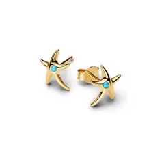 PANDORA - Aretes De Botón Estrella De Mar Con Recubrimiento En Oro De 14k Con Cristal Azul Capri