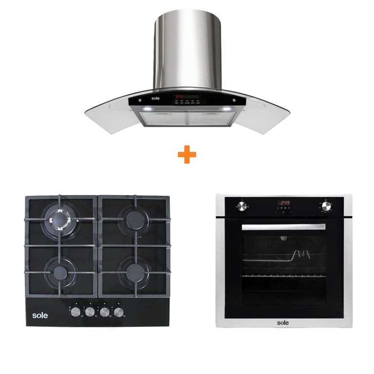 Combo encimera vidrio temp gas 60cm+campana extract. venus pluss 90cm+horno empotrable gas premium