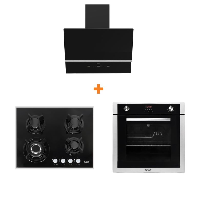 Combo cocina empotrable gas vidrio 60cm+sole campana nimbus 60cm+horno empotrable gas premium
