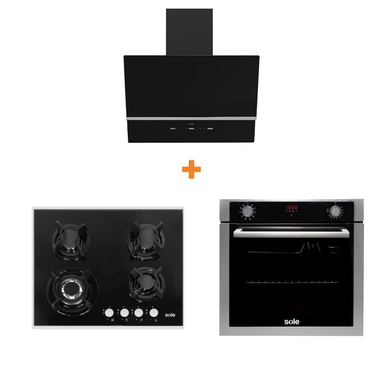 Combo cocina empotrable gas vidrio 60cm+sole campana nimbus 60cm+horno empotrable electrico premium