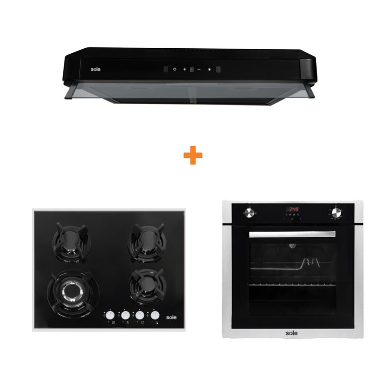 Combo cocina empotrable gas vidrio 60cm+sole campana gaia 60cm+horno empotrable gas premium