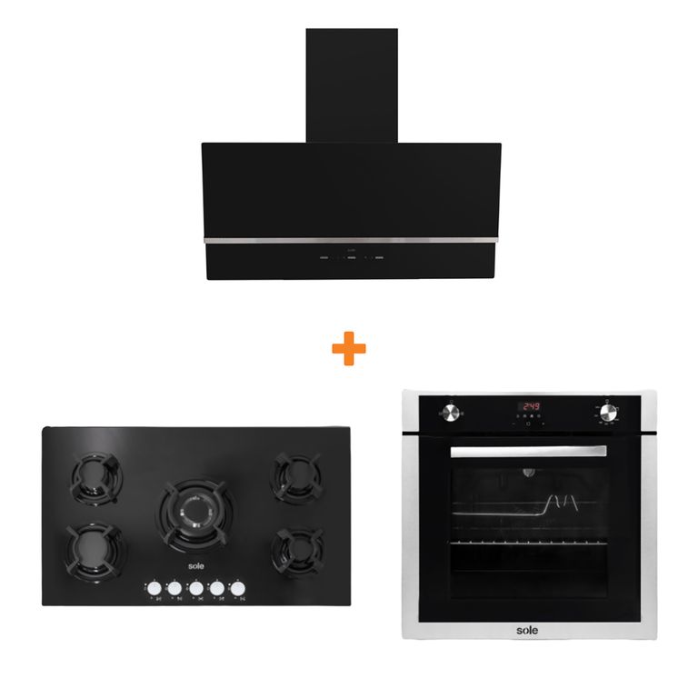 Combo cocina empotrable gas vidrio 86cm+sole campana nimbus 90cm+horno empotrable gas premium