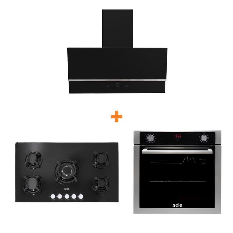 Combo cocina empotrable gas vidrio 86cm+sole campana nimbus 90cm+horno empotrable electrico premium