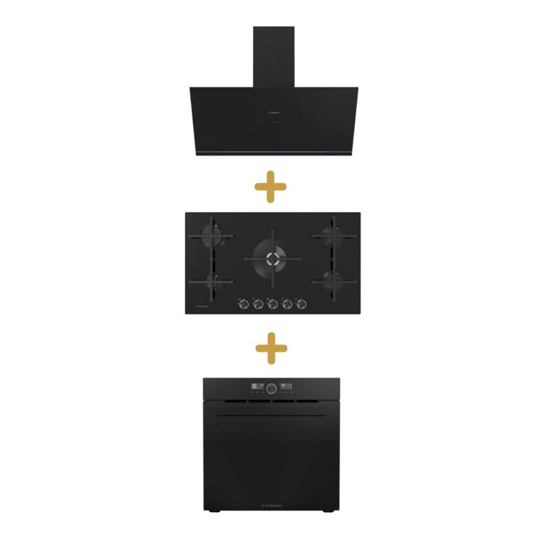 Combo s-c campana decorativa pureblack 90cm+s-c encimera vidrio pureblack gas 90cm+s-c horno emp. pureblack d1 airfryer 75l