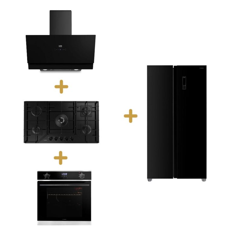 Combo encimera vid temp gas 76cm s-c+campana extr signature 90cm sc+horno emp. gas touch 60cm sc+refrigeradora sbs sole sc london 521lts