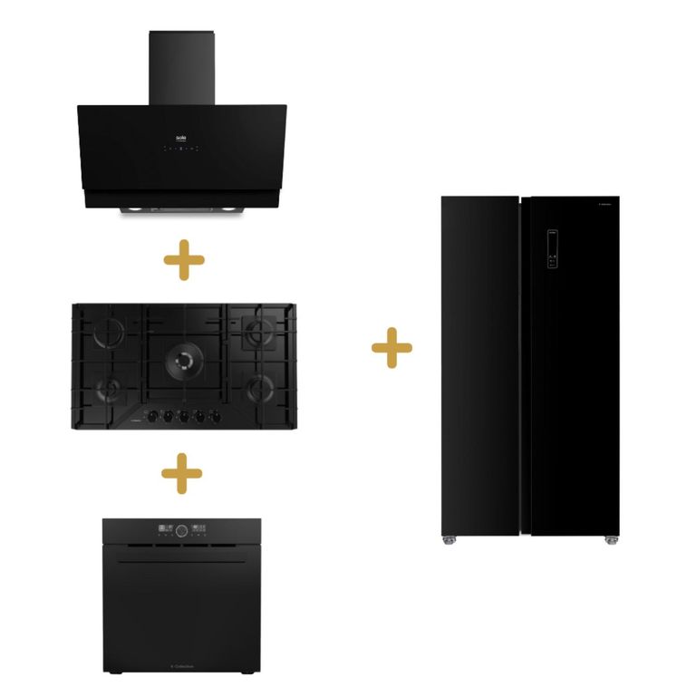 Combo encimera vid temp gas 76cm s-c+campana extr signature 90cm sc+s-c horno emp. pureblack d1 airfryer 75l+refrigeradora sbs sole sc london 521lts