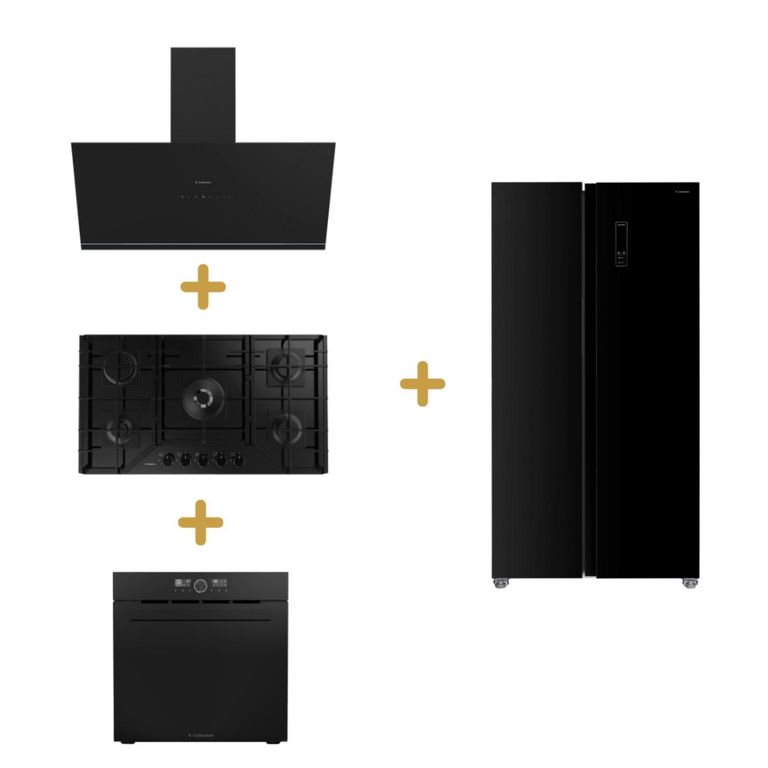 Combo s-c campana decorativa pureblack 90cm+s-c encimera vidrio pureblack gas 90cm+s-c horno emp.electrico pureblack d1 airfryer 75l+s-c refrigeradora sbs boston black 513l