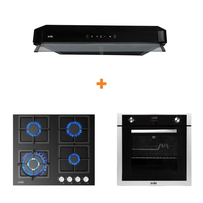 Combo cocina empotrable gas vidrio 59cm+sole campana gaia 60cm+horno empotrable gas premium