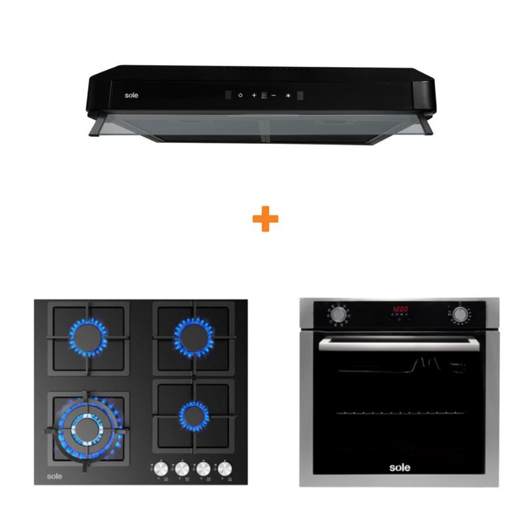 Combo cocina empotrable gas vidrio 59cm+sole campana gaia 60cm+horno empotrable electrico premium