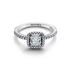 PANDORA - Anillo Halo Cuadrado Brillante Plateado