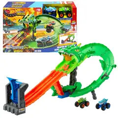 HOT WHEELS - Pista De Juguete Tiburones Vs. Dinosaurios Destrucción Del Dragón Monster Trucks