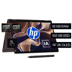HP - Laptop OmniBook X 14-kc0070la, AMD Ryzen AI 7, 16 GB RAM, 512 GB SSD, 14" Táctil 2K OLED, Windows 11 Home
