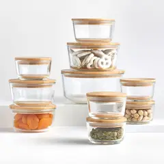 CRATE & BARREL - Set de Contenedores 20 Piezas de Vidrio con Tapa de Bambú
