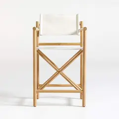CRATE & BARREL - Silla de Bar de Terraza Mast de Cuero Blanco con Estructura de Madera