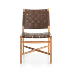 CRATE & BARREL - Silla de Comedor de Terraza Taj de Cuero Marrón con Estructura de Madera