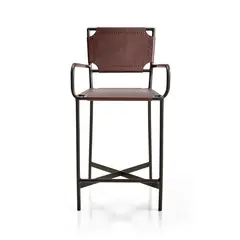 CRATE & BARREL - Silla de Bar Laredo de Cuero Marrón con Estructura de Metal