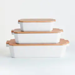 CRATE & BARREL - Set de 3 Fuentes para Hornear con Tapas de Bambú
