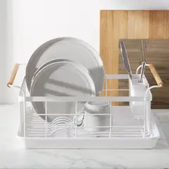 CRATE & BARREL - Escurridor de Vajilla Blanco con Asas de Madera